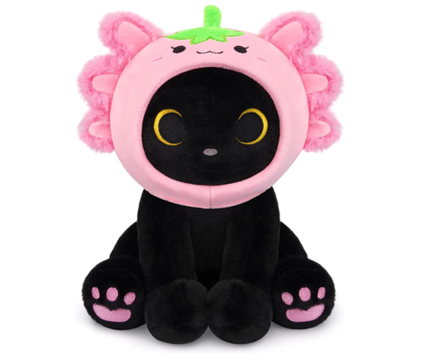Gato Negro Plush Morango Axolotl Capuz Animal recheado