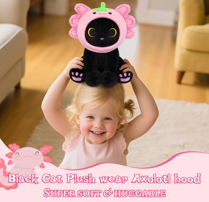 Gato Negro Plush Morango Axolotl Capuz Animal recheado