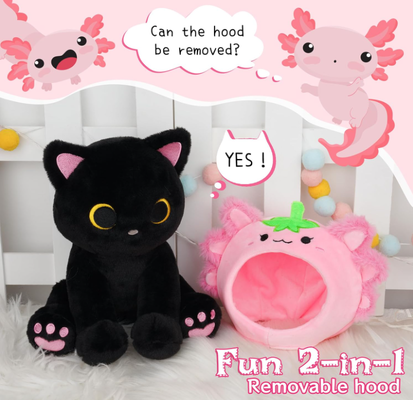 Gato Negro Plush Morango Axolotl Capuz Animal recheado