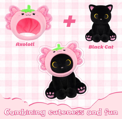 Gato Negro Plush Morango Axolotl Capuz Animal recheado